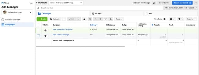 a/b testing on facebook: campaigns tab in ads manager 