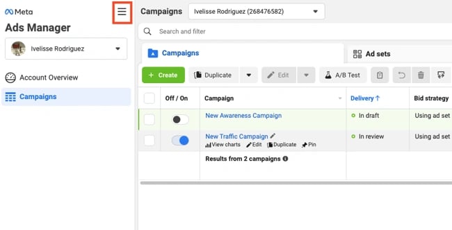 a/b testing on facebook: hamburger menu on ads manager