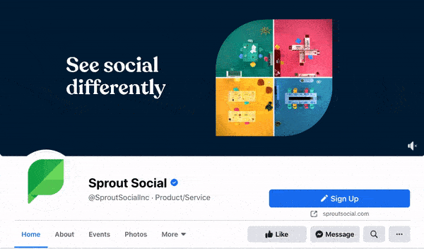 Sprout Social Facebook cover video with text boxes sliding in