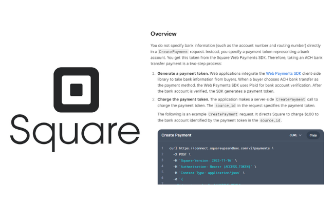 Square logo and ACH API instructions
