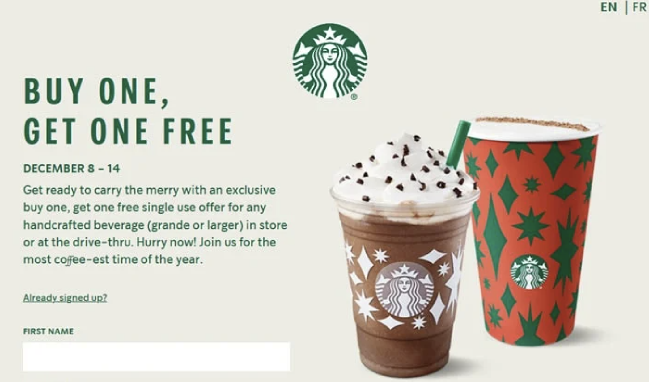 Holiday Buy-1-Get-1 giveaway at Starbucks
