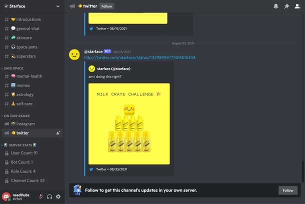 starface promoting twitter account on discord