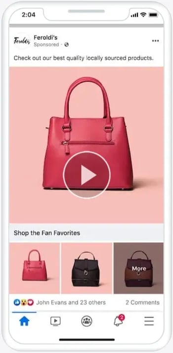 Facebook recommends Instant Storefront Templates for companies with four or more products