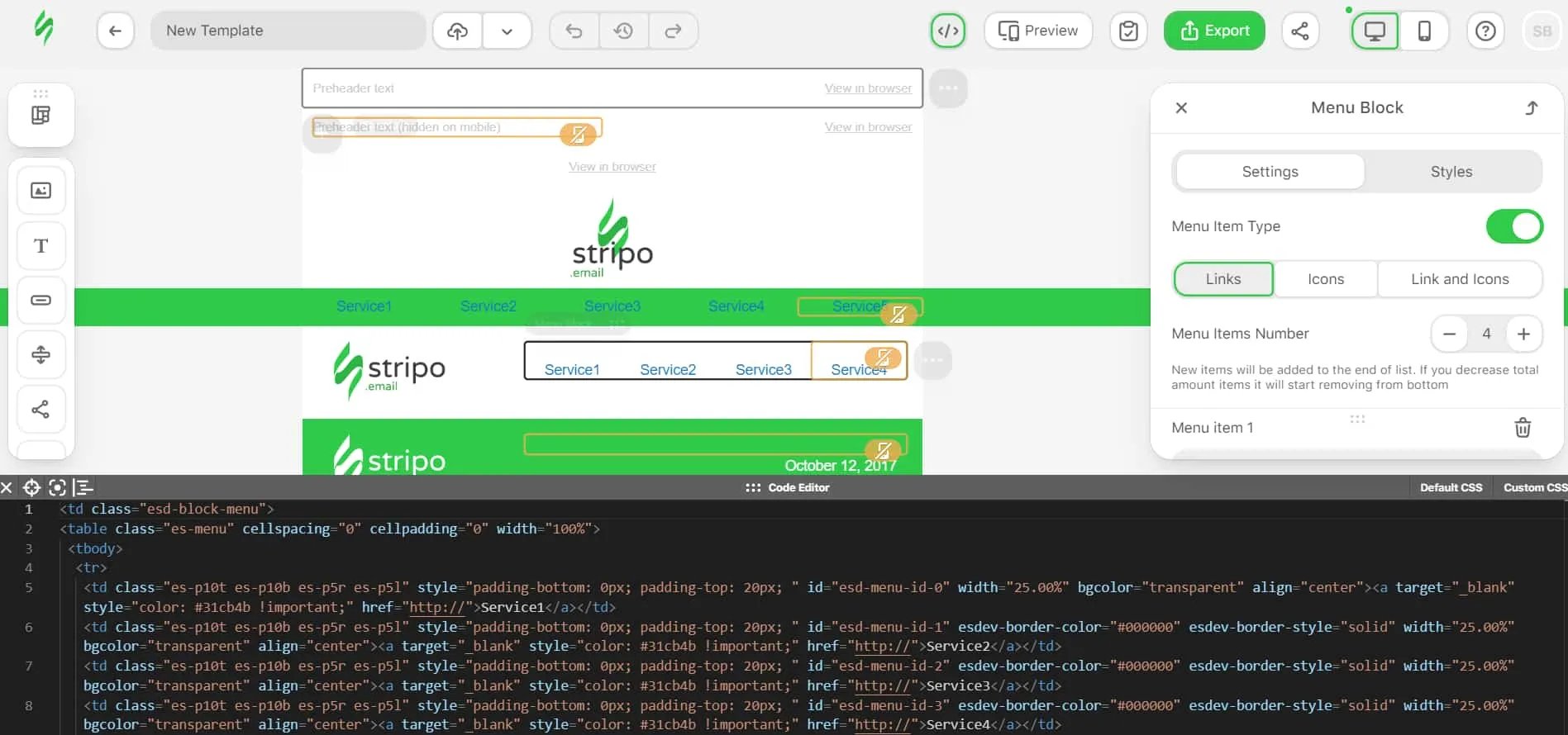 bulk emailing software, Stripo’s drag-and-drop email builder and HTML code editor