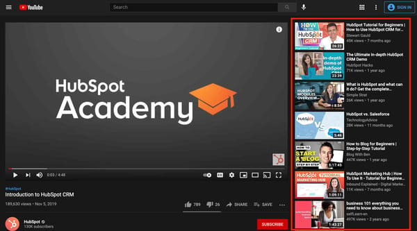 youtube suggested views sidebar tab on hubspot academy channel