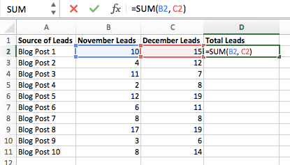 Sum Formula Entered In Column C Of Excel Spreadsheet To Find The Sum Of Cells B2 And C2.