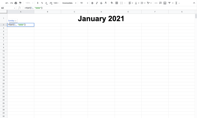 Entering the weekday formula in a Google Sheets calendar