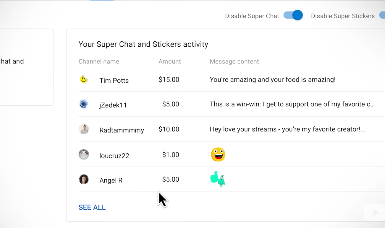 super chat activity page on youtube