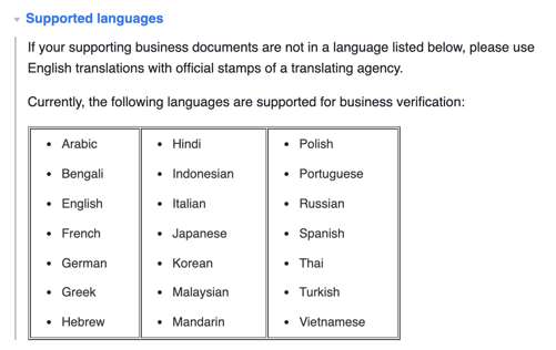 the languages facebook supports for verified badges