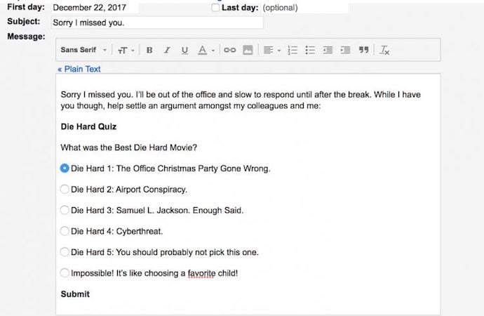 An out of office email that includes a survey about the best Die Hard movie