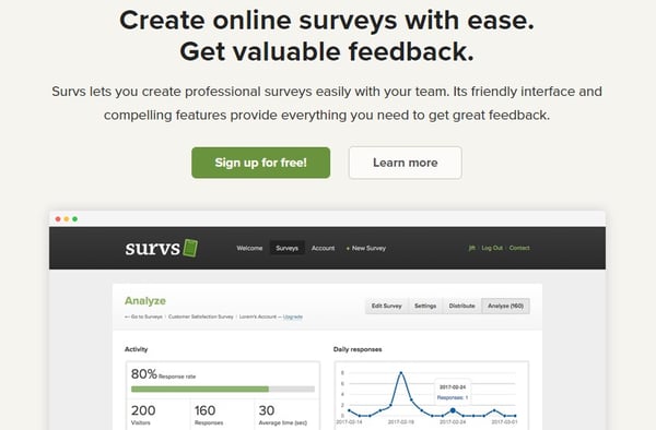 survs homepage that reads "create online surveys with ease. get valuable feedback"