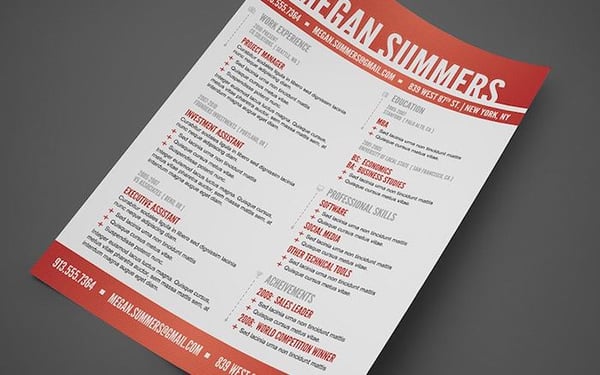 Creative resume template with large, red header