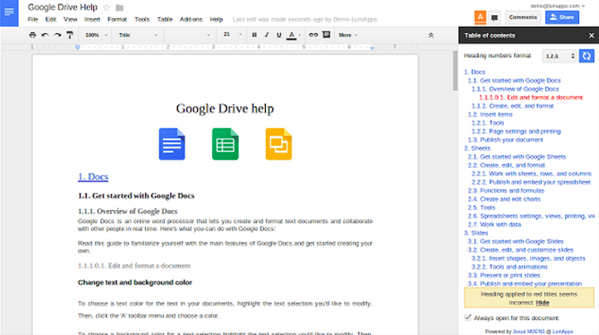 Table of Contents sidebar in a Google Doc