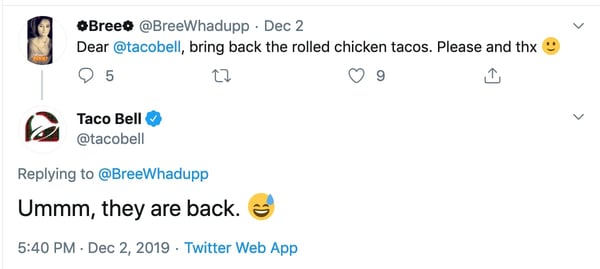 Taco Bell tweets a customer in a funny, sarcastic tone.
