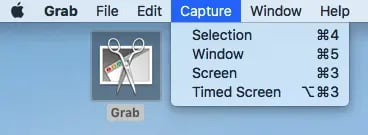 Dropdown menu of screenshot options using the Grab application