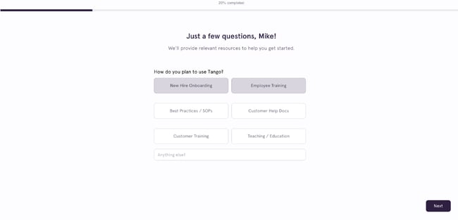 Example of an onboarding form from Tango