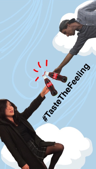 Funny Snapchat drawing of two people touching Coca-Cola bottles together with the hashtag #TasteTheFeeling