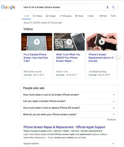 video carousel serp feature rich snippet showing results for how to fix an iphone screen