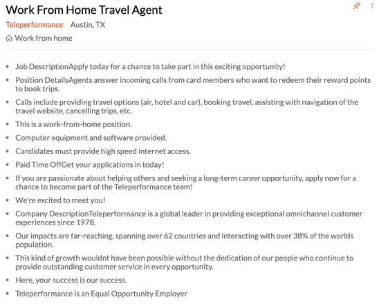work from home customer service job: teleperformance work from home travel agent