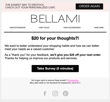 Thank you letter for customers, example from Bellami