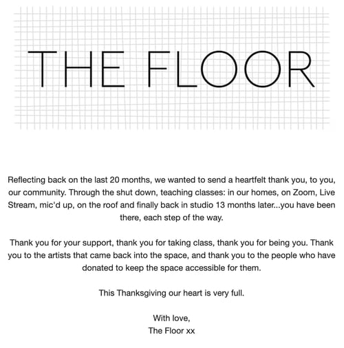 Thank you letter for customers, example from The Floor