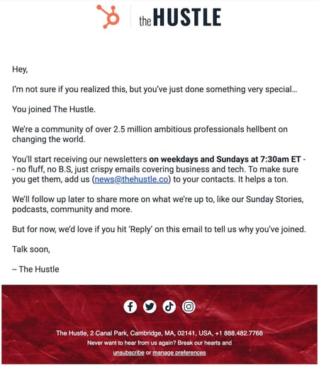 Thank you letter for customers, example from HubSpot's The Hustle newsletter.