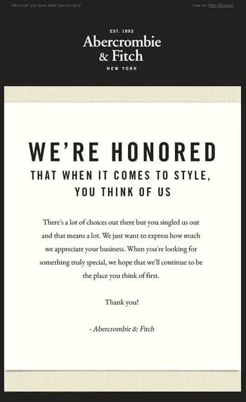 Thank you letter for customer from Abercrombie & Fitch
