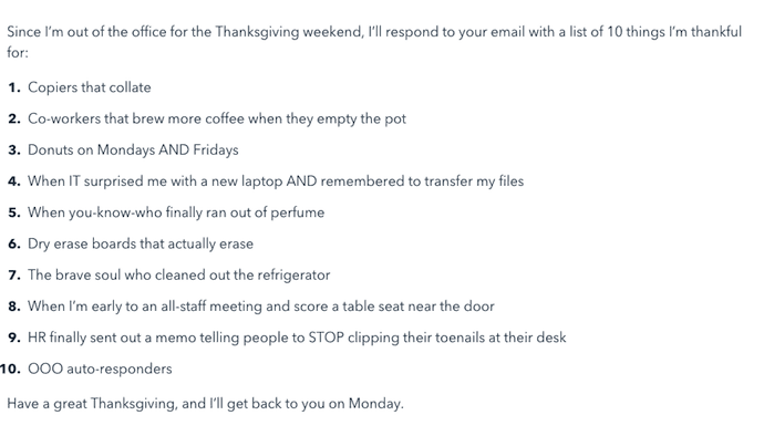 The Thankfulness out of office email template with a list of 10 things the sender is thankful for