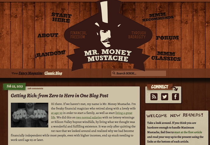 Personal finance blog of Mr. Money Mustache with wood themed background and illustrated logo