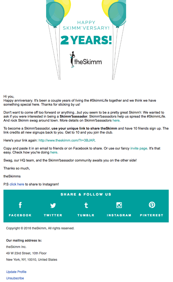 Email marketing campaign example by theSkimm celebrating a user's subscriber anniversary