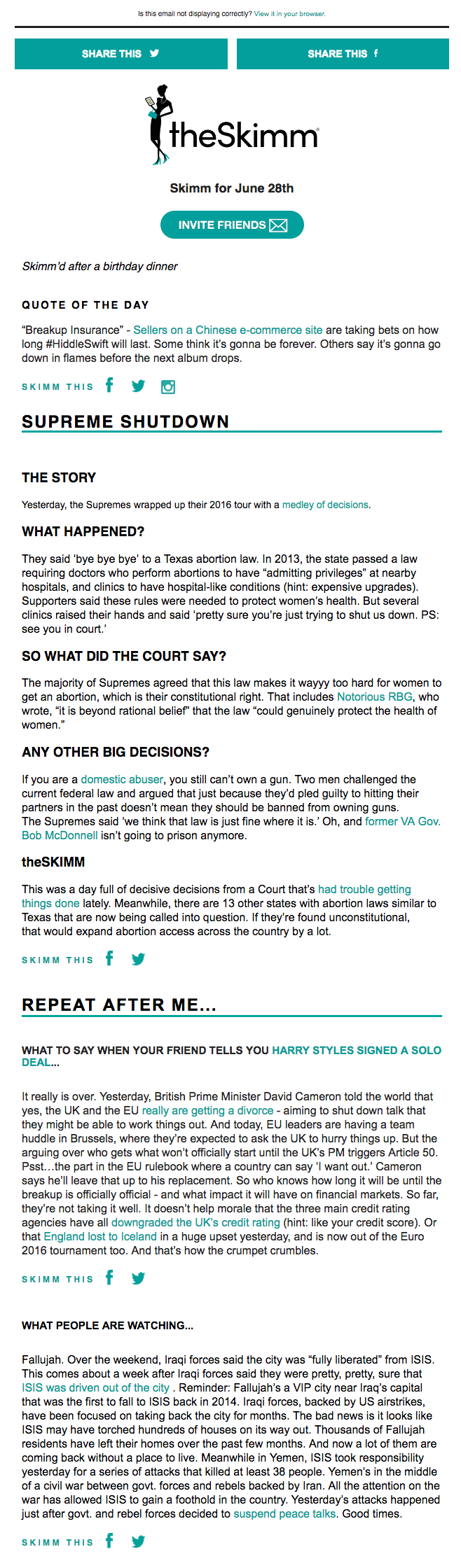Email newsletter example design with news by theSkimm