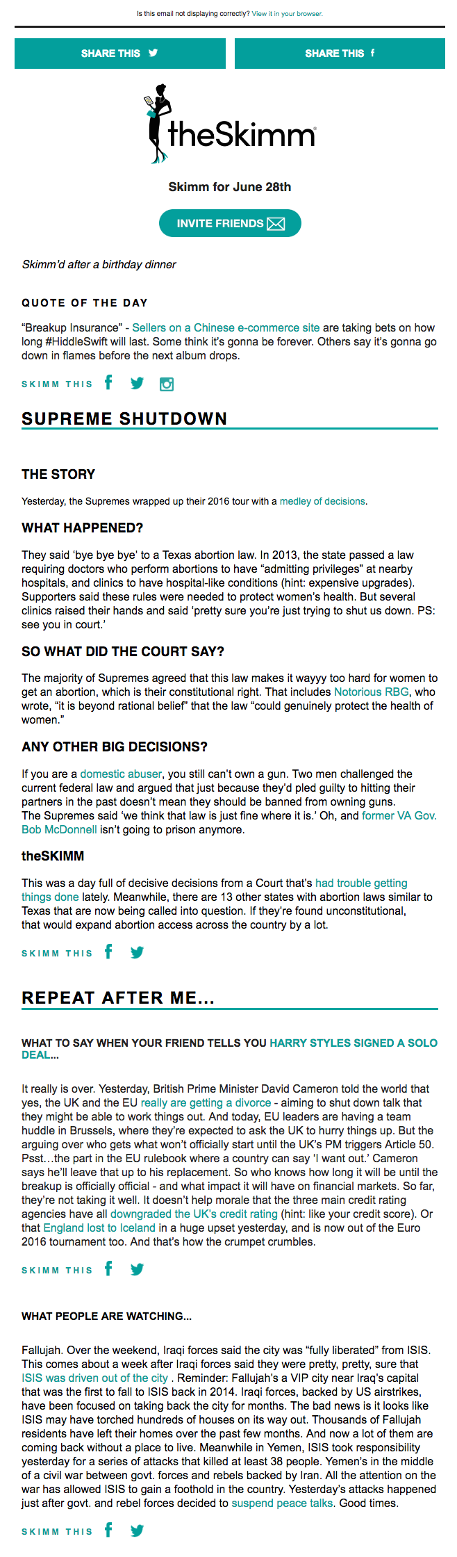 e-Mail newsletter exemplo de design com notícias theSkimm