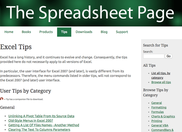 the spreadsheet page's excel tips roundup