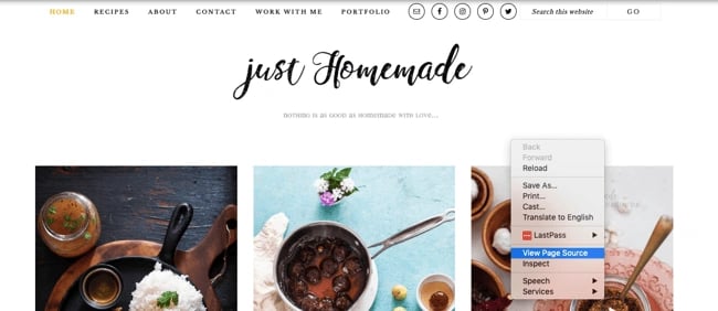 what wordpress theme is that: User clicking View Page Source on Just Homemade's home page