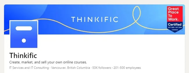 Thinkific LinkedIn banner, Thinkific - great place to work award.