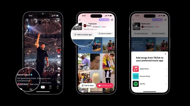TikTok lets you add songs you hear in TikTok videos to your Spotify, Apple Music, and Amazon Music