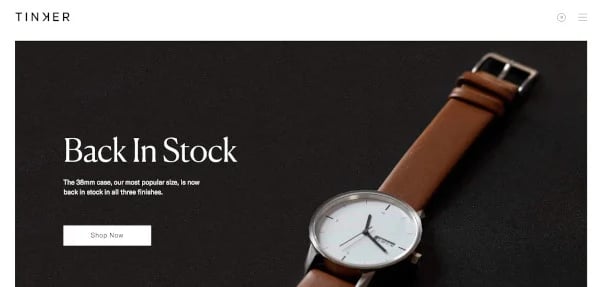 tinker minimalist web design with product photo and simple tagline