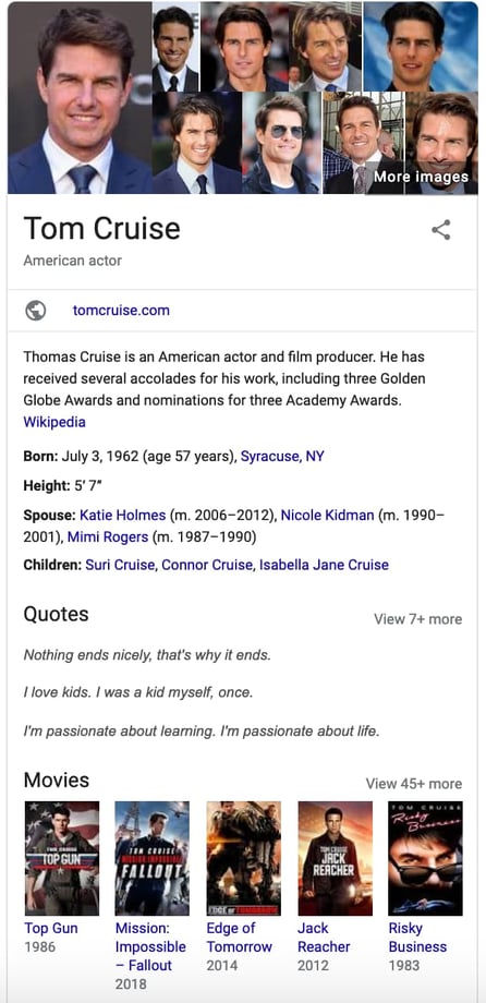 Tom Cruise knowledge graph card on Google.
