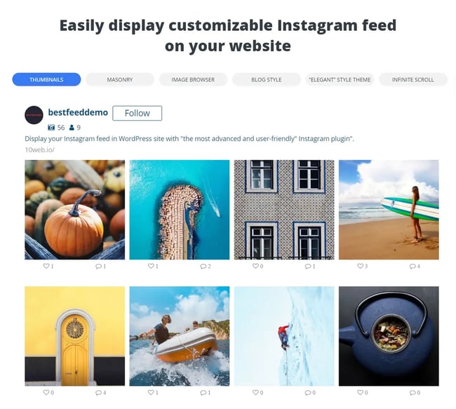 Instagram feed with Follow button embedded on WordPress site via 10Web Social Photo Feed Instagram WordPress Plugin