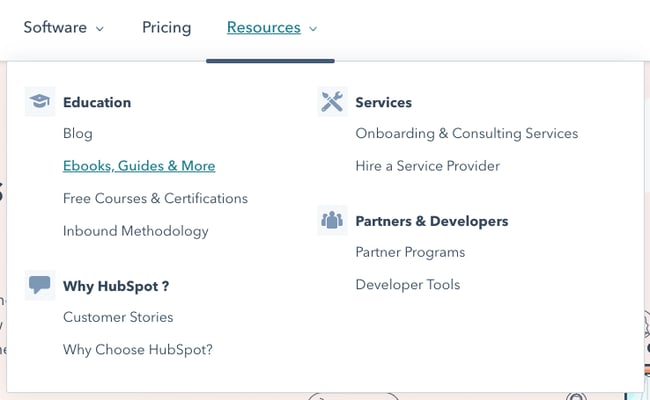Top level navigation example from HubSpot's home page