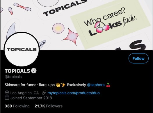 topicals twitter profile bio screenshot