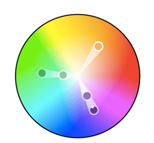 Color wheel with three triadic colors plotted between purple, green, and orange