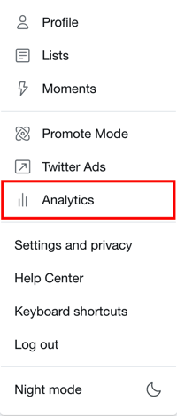 Dropdown menu in Twitter with Analytics button highlighted