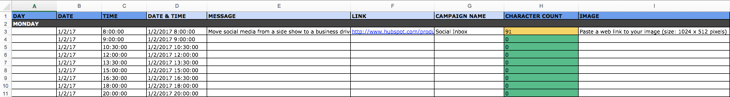 social network update tab within content calendar template