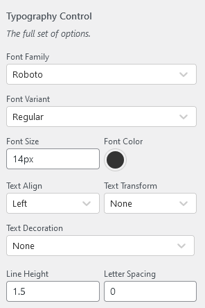 wordpress typography options menu of Kirki Customizer Framework plugin