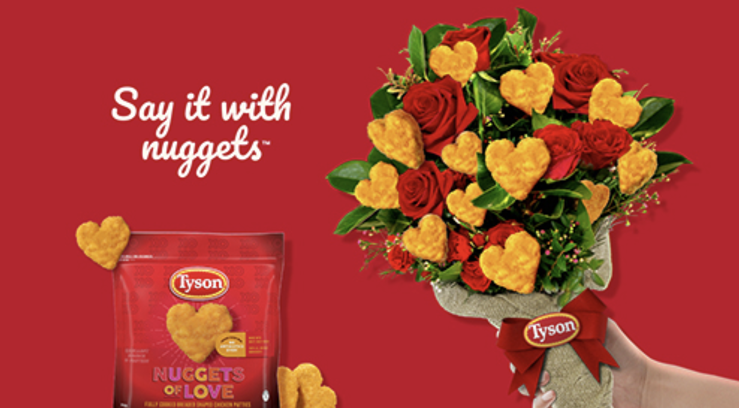 A hand holds a bouquet of flowers and chicken nuggets as part of Tyson's Valentine's Day marketing campaign.