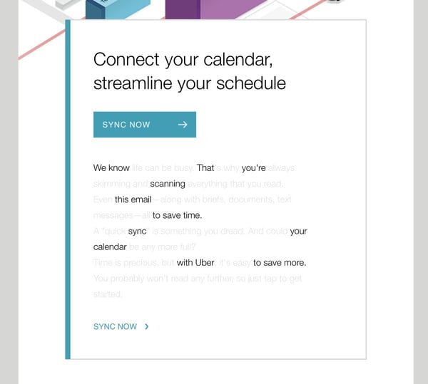 Ejemplo de campaña de marketing por correo electrónico de Uber promoviendo una integración de calendario