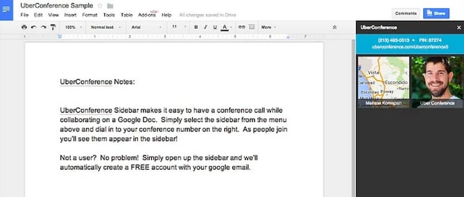 Barra lateral de chamada em conferência em um Google Doc