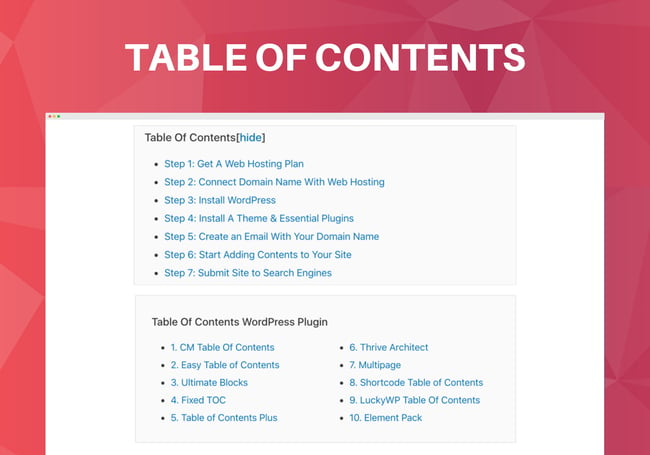 Ultimate Blocks table of contents block demo with several headings and a show/hide button