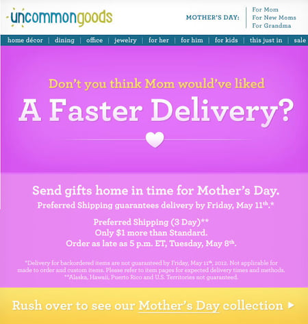 Email Marketing Campaign Example: Uncommon Goods - "Don't you think Mom would've liked a faster delivery?"